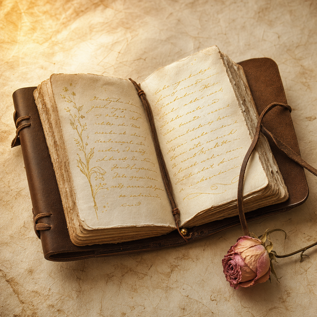 Hand-gebundenes Tagebuch mit kalligrafischem Soulname und einer dried Rose — Seelenname