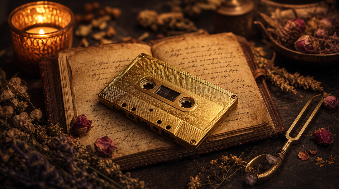 Vintage Goldkassette auf einem aufgeschlagenen Lederbuch — Audio und Begleit-PDF