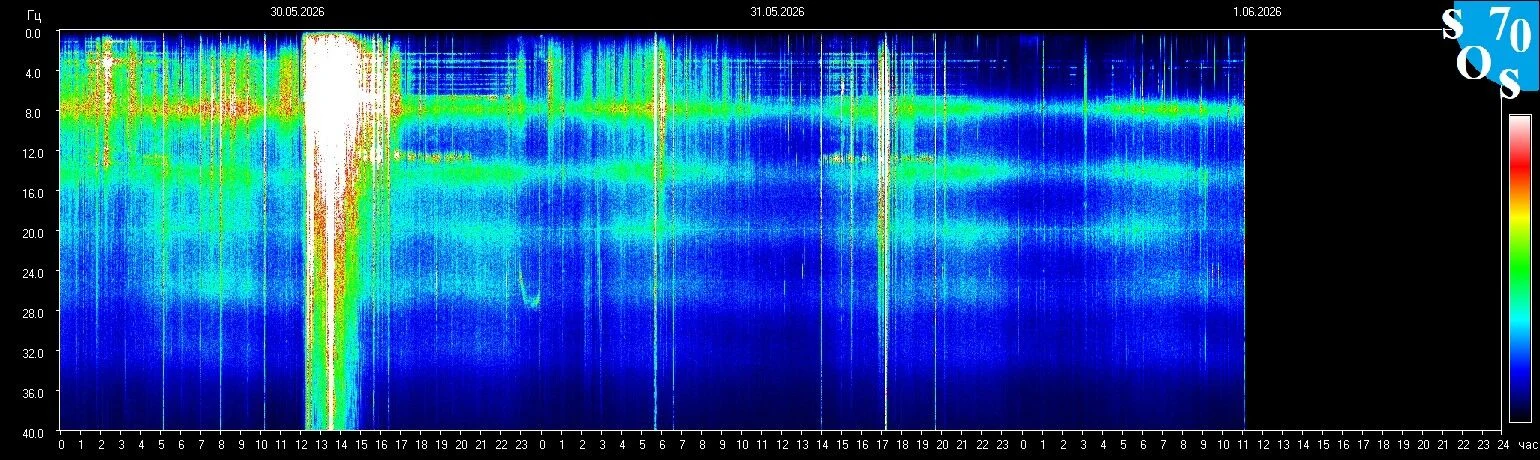 Schumann-Resonanz-Spektrogramm vom 1. Juni 2026 — gemessen in Tomsk, Russland