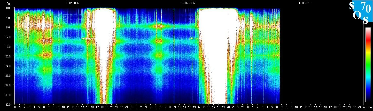 Schumann-Resonanz-Spektrogramm vom 31. Juli 2026 — gemessen in Tomsk, Russland