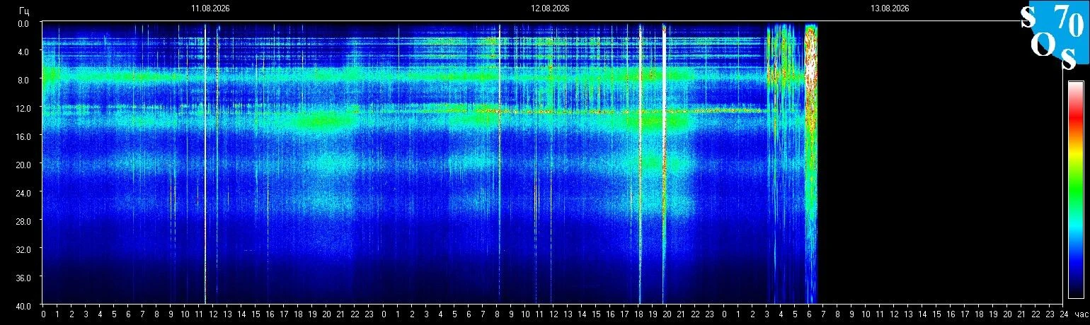 Schumann-Resonanz-Spektrogramm vom 12. August 2026, gemessen in Tomsk, Russland