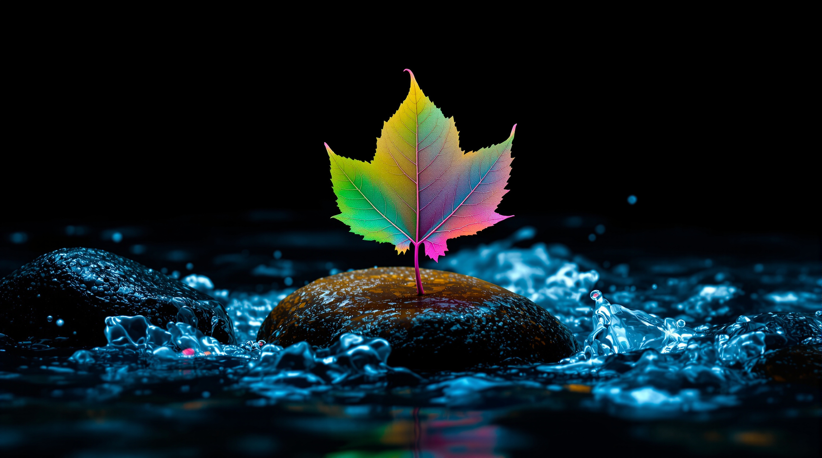 Titelbild zur Tagesmeldung vom 4. Oktober 2026: Zwischen zwei Steinen am Bach liegt ein Blatt, zur Hälfte im Wasser.