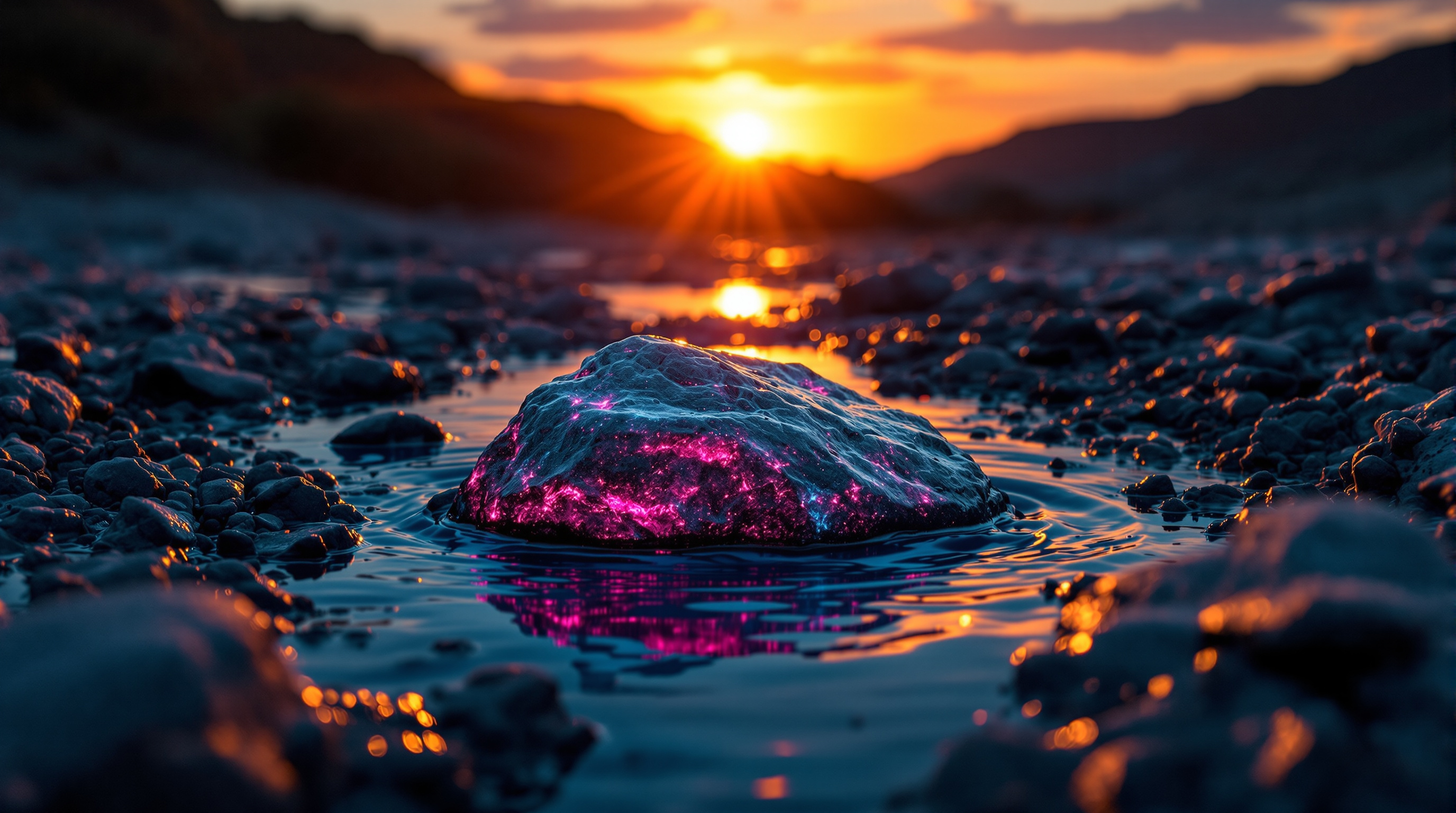 Titelbild der heutigen Tagesmeldung: Ein Stein in einem trockenen Flussbett hält die Wärme des vergangenen Sommers noch in sich.