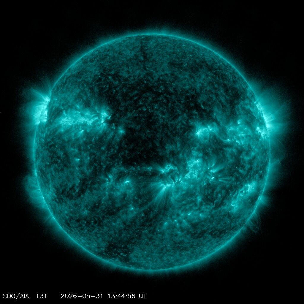SDO 0131 Å — Standbild: Extrem heißes Plasma — Solar-Flares blitzen hier auf, bevor sie woanders sichtbar sind.