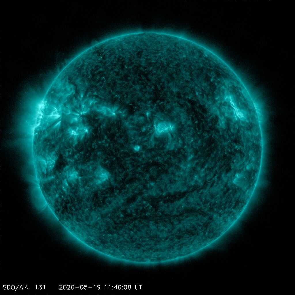 SDO 0131 Å — Standbild: Extrem heißes Plasma — Solar-Flares blitzen hier auf, bevor sie woanders sichtbar sind.