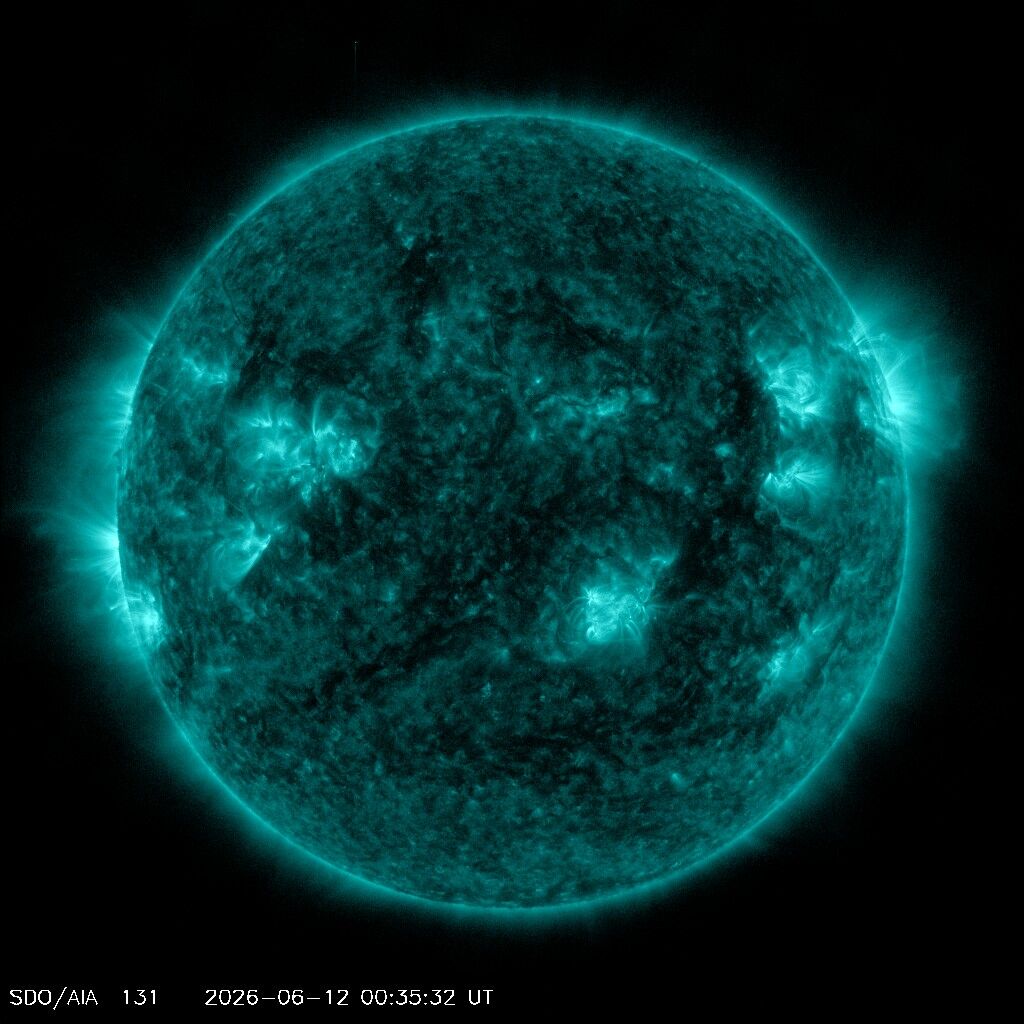 SDO 0131 Å — Standbild: Extrem heißes Plasma — Solar-Flares blitzen hier auf, bevor sie woanders sichtbar sind.
