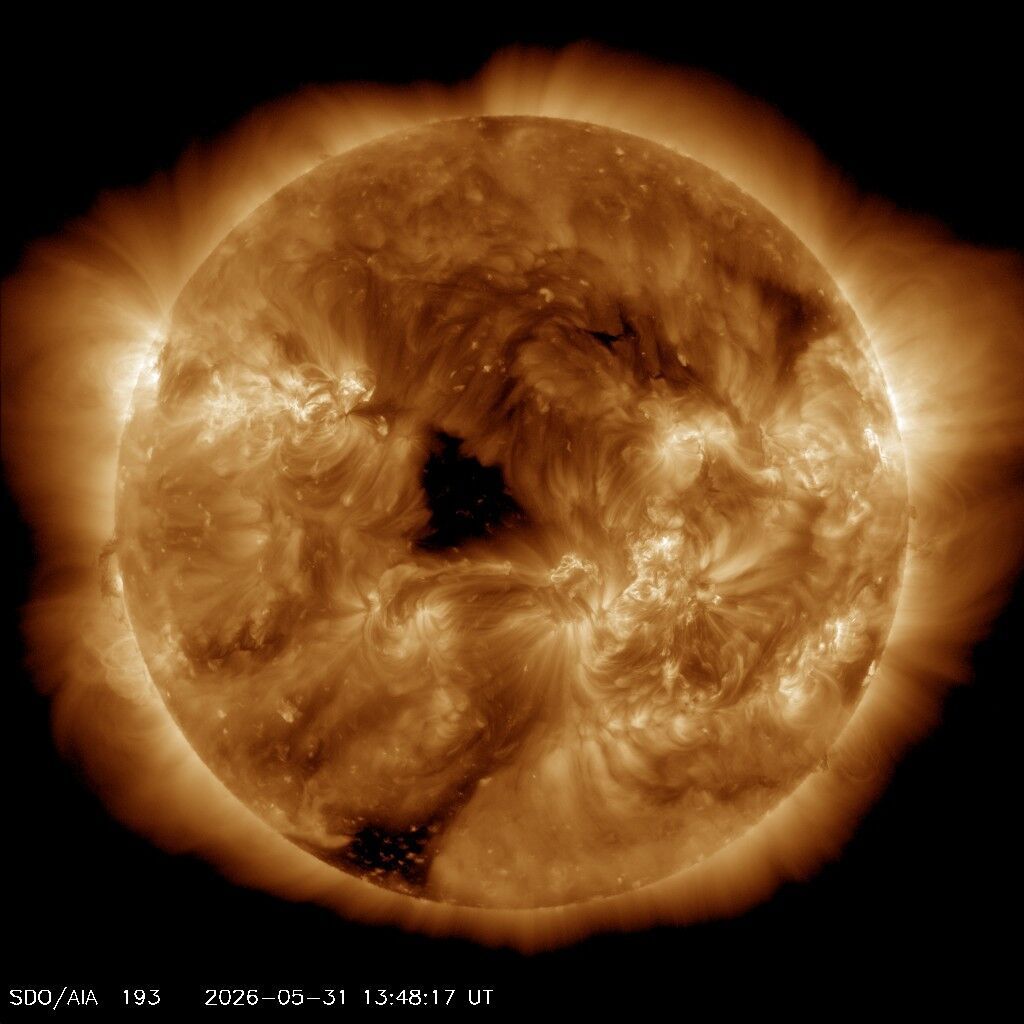 SDO 0193 Å — Standbild: Heiße Korona im extremen UV — Sonnenflecken-Regionen leuchten am stärksten.