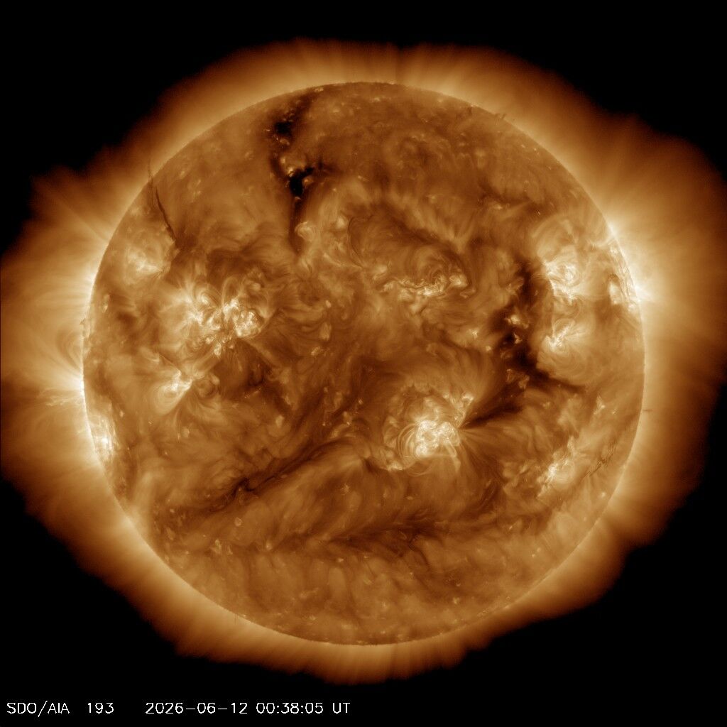 SDO 0193 Å — Standbild: Heiße Korona im extremen UV — Sonnenflecken-Regionen leuchten am stärksten.