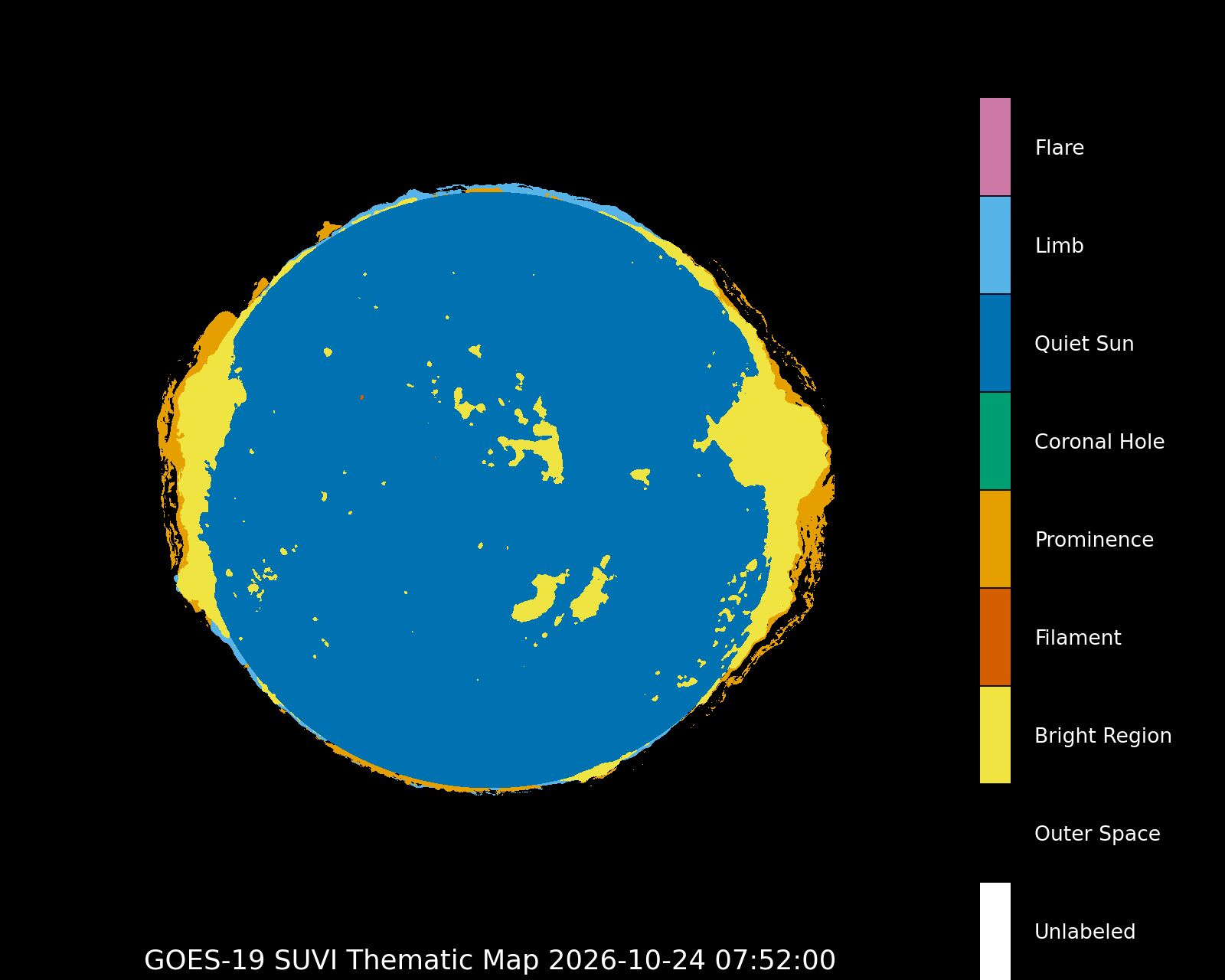SUVI Thematic Map, die Sonnenscheibe von GOES-19 nach Merkmalen eingefärbt