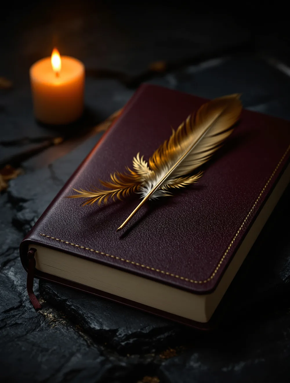 Ein burgunderrotes Lederjournal mit goldenem Phönix, darauf eine goldene Feder